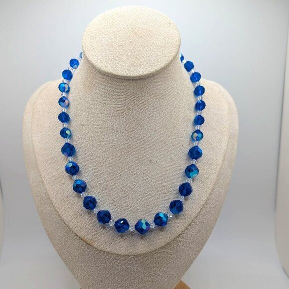Jewelry - Vintage Blue AB Aurora Borealis Faceted Crystal Beaded Necklace Estate Find